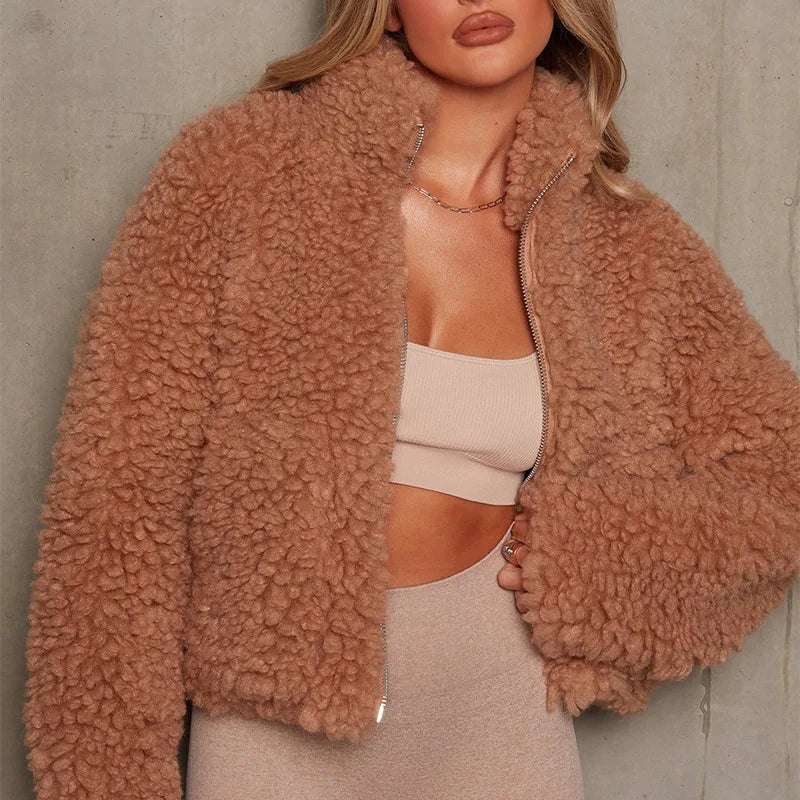 Women’s Fuzzy Lamb Wool Short Coat – Thick Warm Zip-Up Teddy Jacket with Long Sleeves