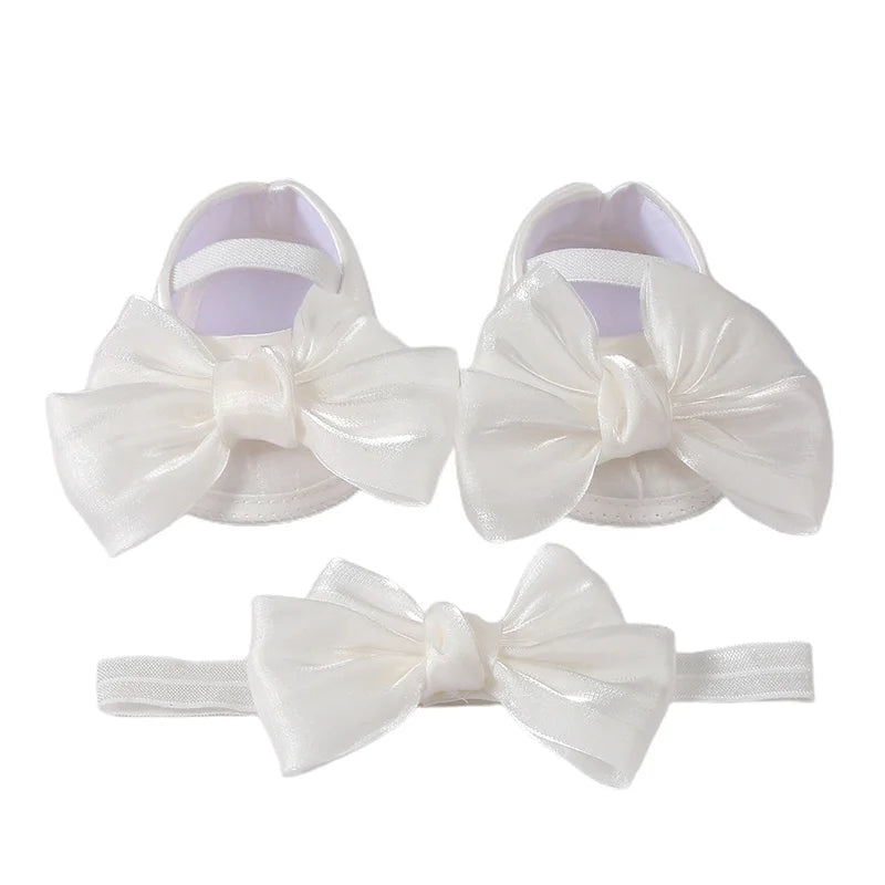Baby Girl Baptism Mary Jane Shoes & Bow Headband Set – Soft Sole Bowknot for Newborns & Infants