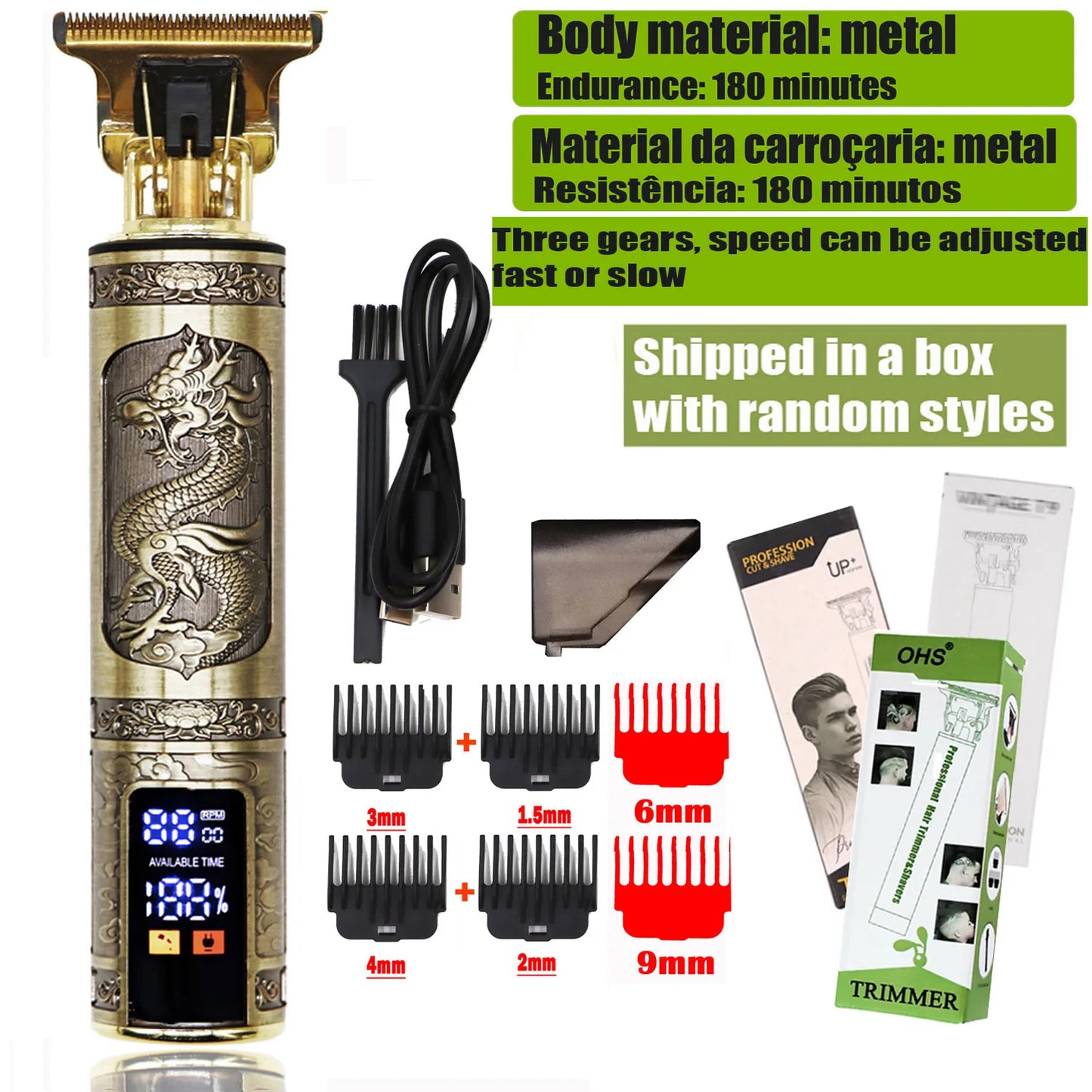 Dragon Engraved Hair Clipper – Zero-Gap Shaver, Rechargeable Timmer