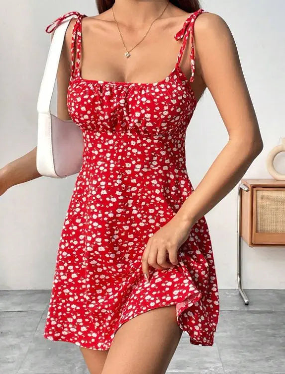 Flirty Red Floral Spaghetti Strap Mini Dress – Tie-Shoulder A-Line Fit, Sexy Summer Casual Sundress