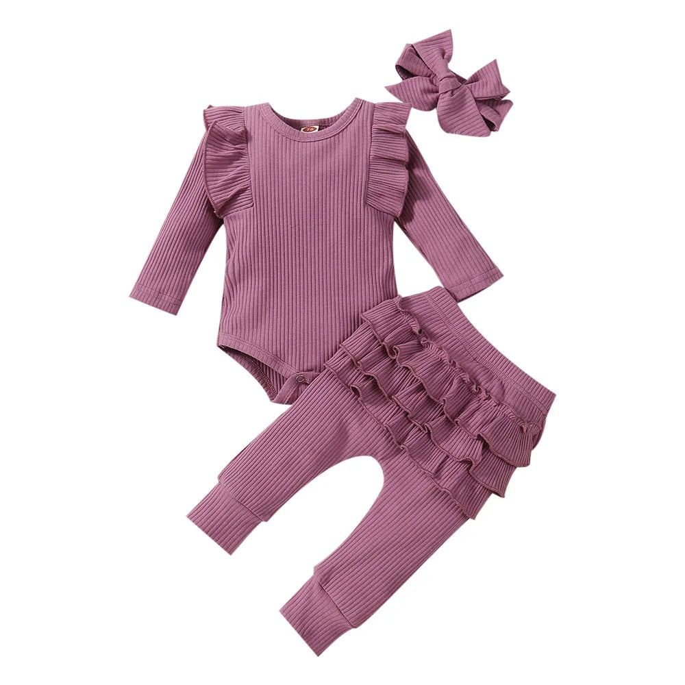 Baby Girl Ruffle Romper Outfit Set – Pants & Bow Headband (3-Piece Newborn–Toddler Set)