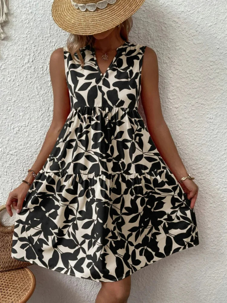 Women's Boho Leaf Print Sleeveless V-Neck A-Line Mini Sundress – Summer Casual Swing Dress with Ruffle Detail