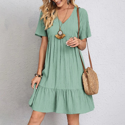 Casual Short Sleeve - V Neck Ruffles Dress