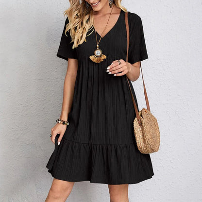 Casual Short Sleeve - V Neck Ruffles Dress
