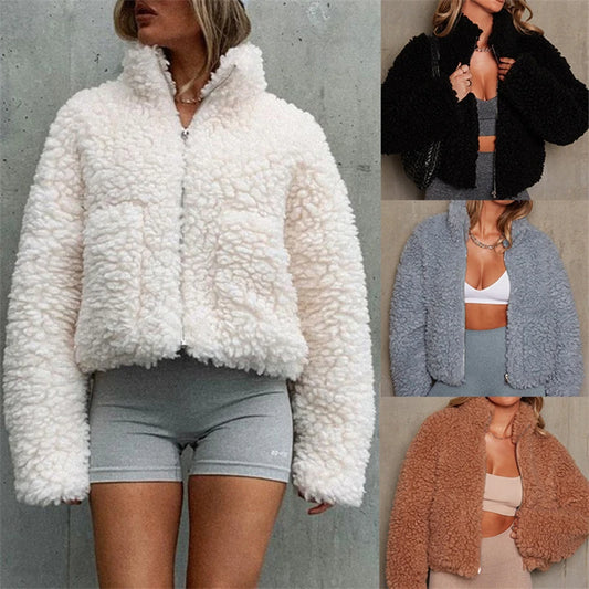 Women’s Fuzzy Lamb Wool Short Coat – Thick Warm Zip-Up Teddy Jacket with Long Sleeves