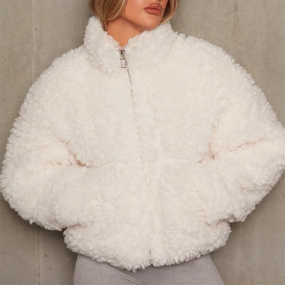 Women’s Fuzzy Lamb Wool Short Coat – Thick Warm Zip-Up Teddy Jacket with Long Sleeves