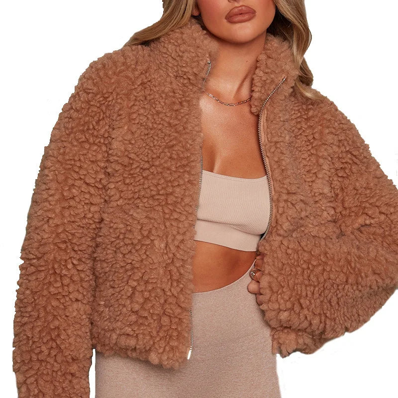 Women’s Fuzzy Lamb Wool Short Coat – Thick Warm Zip-Up Teddy Jacket with Long Sleeves