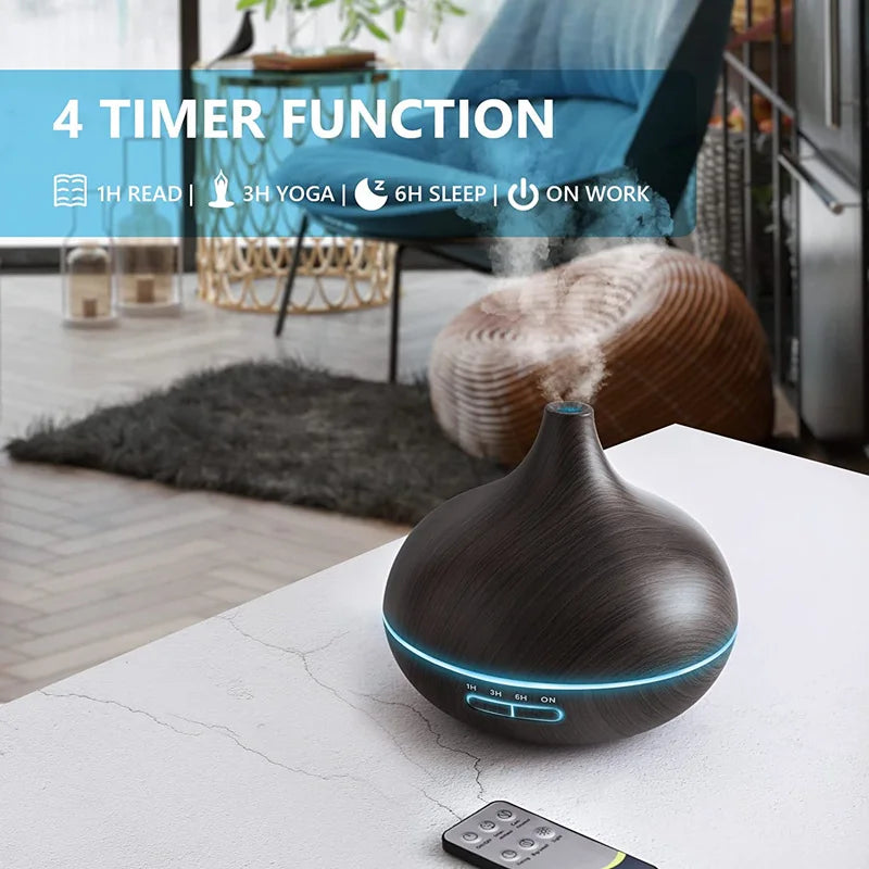 550ml Wood Grain Essential Oil Diffuser with Remote Control & LED Lights