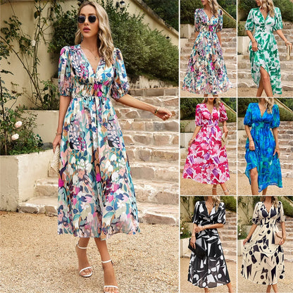 Summer V-Neck Floral Print Maxi Dress -  Lantern Sleeve