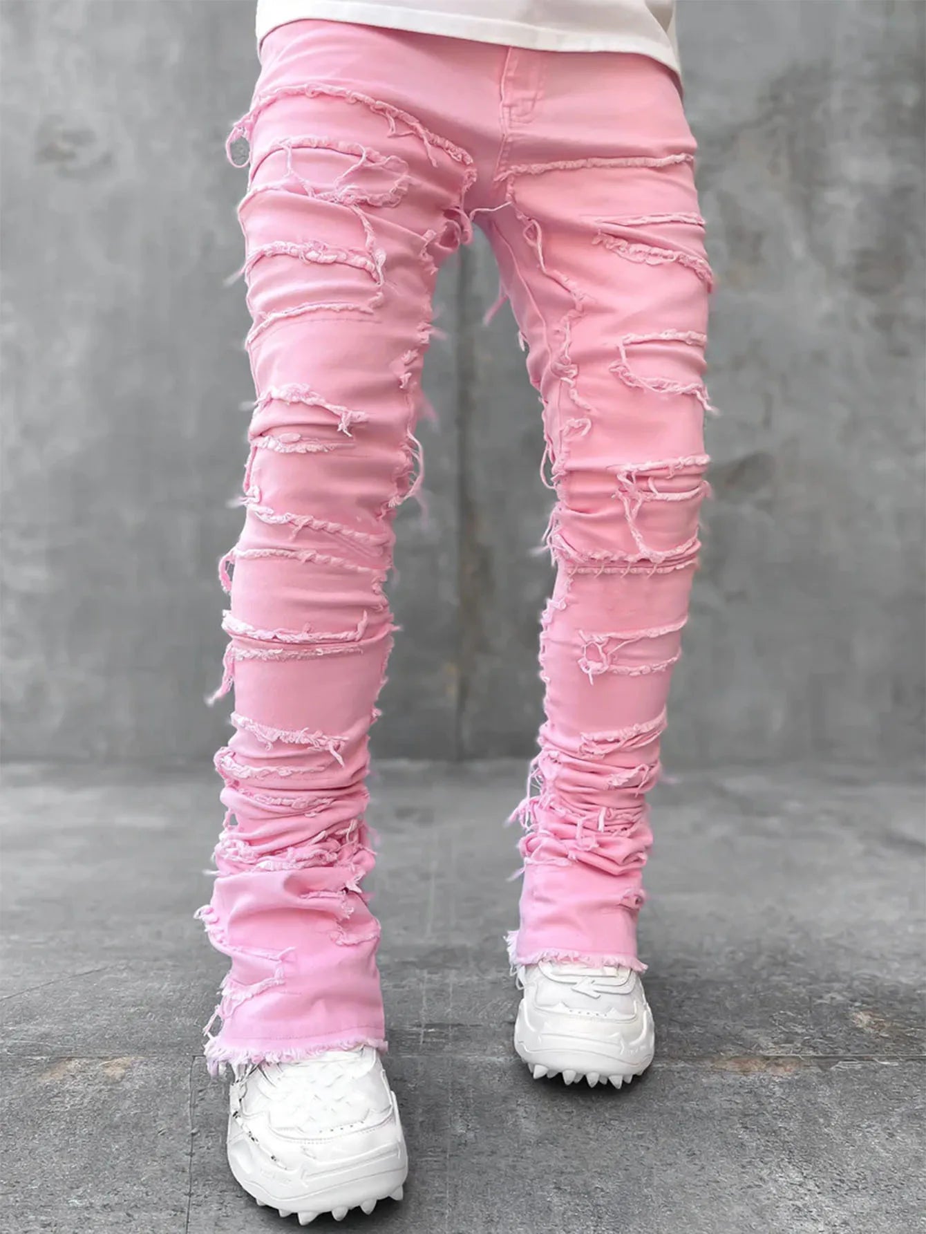 Men’s Stacked Distressed Ripped Jeans – Slim Fit Patchwork Destroyed Denim Streetwear