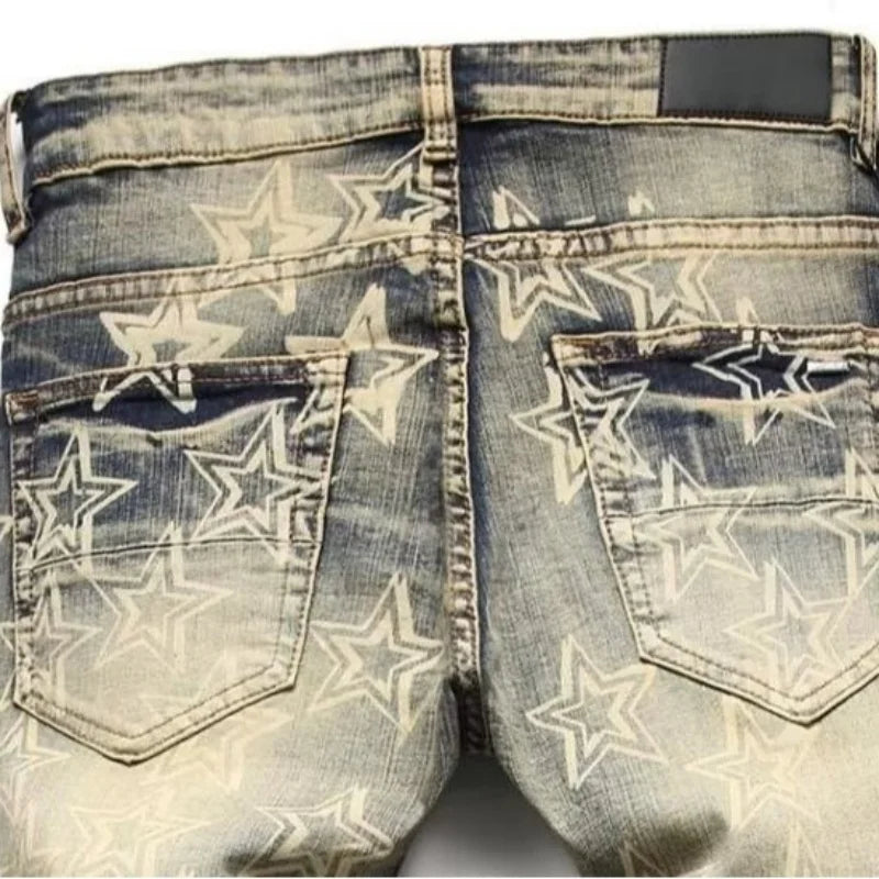 Men’s Retro Distressed Jeans – High Street Slim Fit Ripped with Star Print