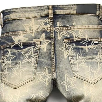 Men’s Retro Distressed Jeans – High Street Slim Fit Ripped with Star Print