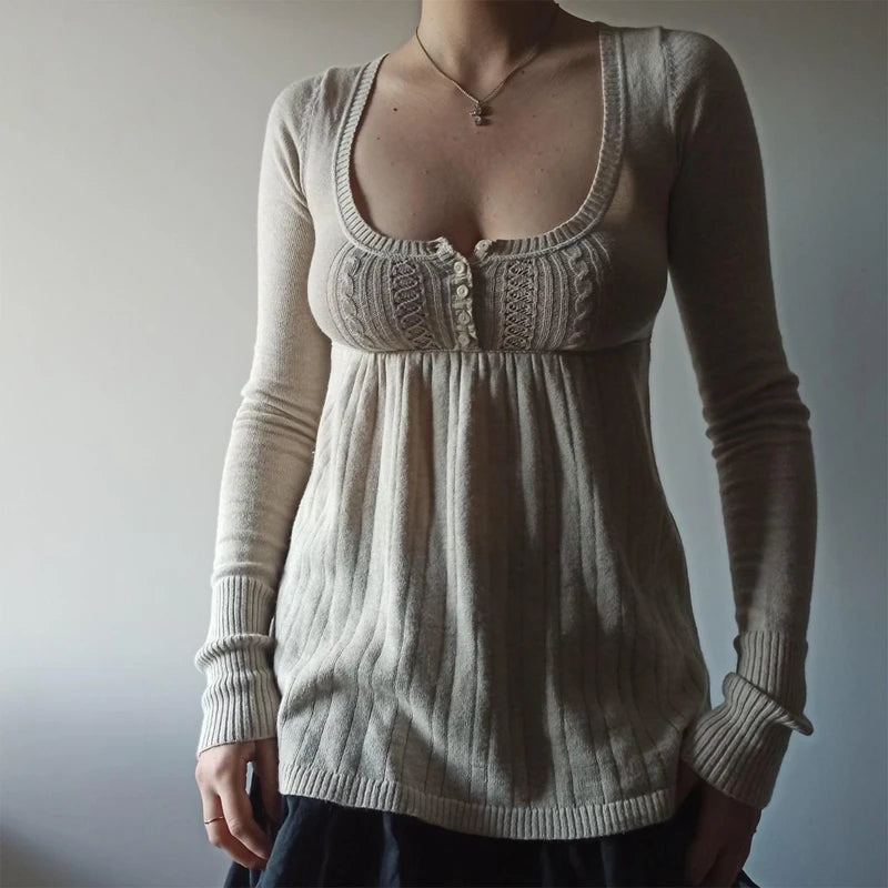 Vintage Babydoll Knit Sweater Top – Long Sleeve Cottagecore Milkmaid Pullover | Soft Knit Aesthetic Sweater