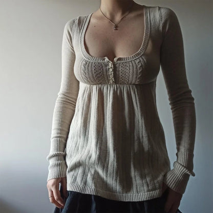 Vintage Babydoll Knit Sweater Top – Long Sleeve Cottagecore Milkmaid Pullover | Soft Knit Aesthetic Sweater