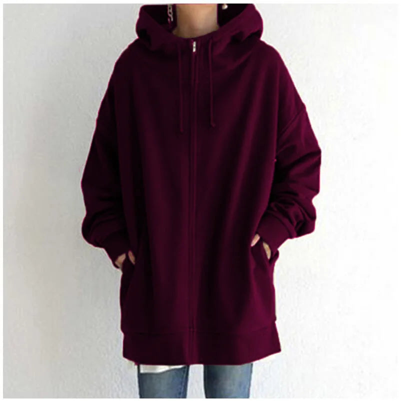 Oversized Hooded Longline Coat – Fleece-Lined Zip Up Tie-Collar Sweatshirt for Women (S–5XL)