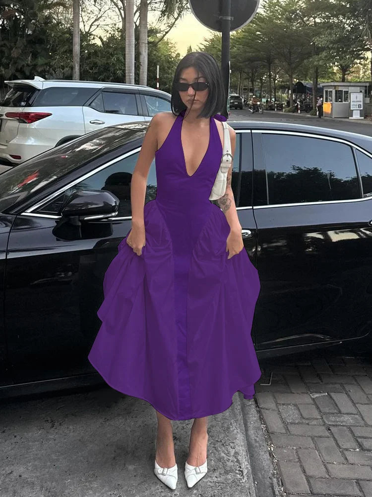 Backless Halter V-Neck Maxi Dress – Elegant Flirty Evening Party Dress for Summer