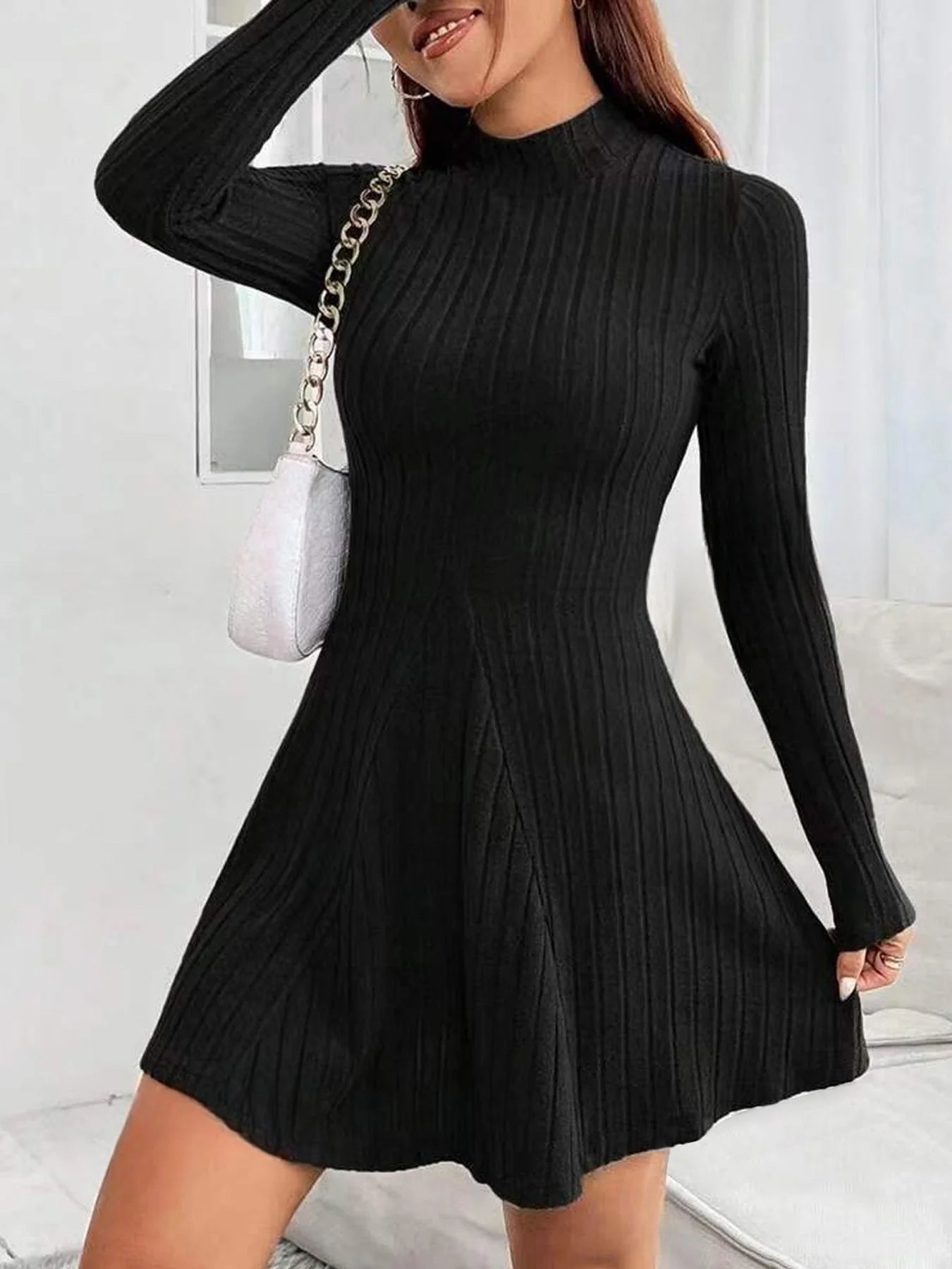 Ribbed High-Neck Long Sleeve Fit & Flare Dress – Waist-Cinched Stretch Knit Mini