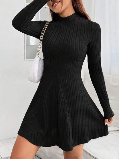 Ribbed High-Neck Long Sleeve Fit & Flare Dress – Waist-Cinched Stretch Knit Mini