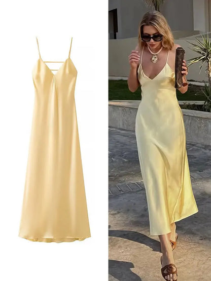 Women’s Satin Sleeveless V-Neck Maxi Dress – Summer Elegant Slip Dress