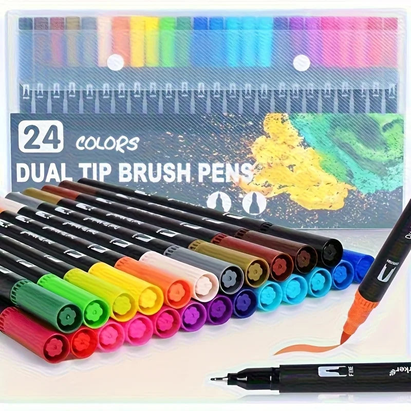 Dual Tip Watercolor Brush Marker Set with Case – Vibrant Art Pens for Drawing & Crafts