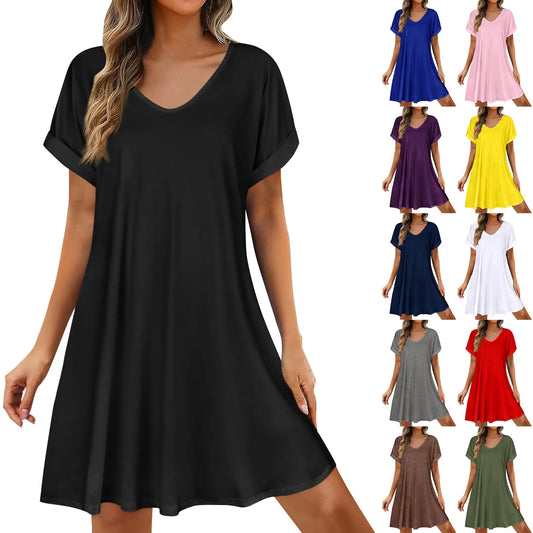 Women’s Loose Swing Summer T-Shirt Dress – Short Sleeve Casual Beach Sundress