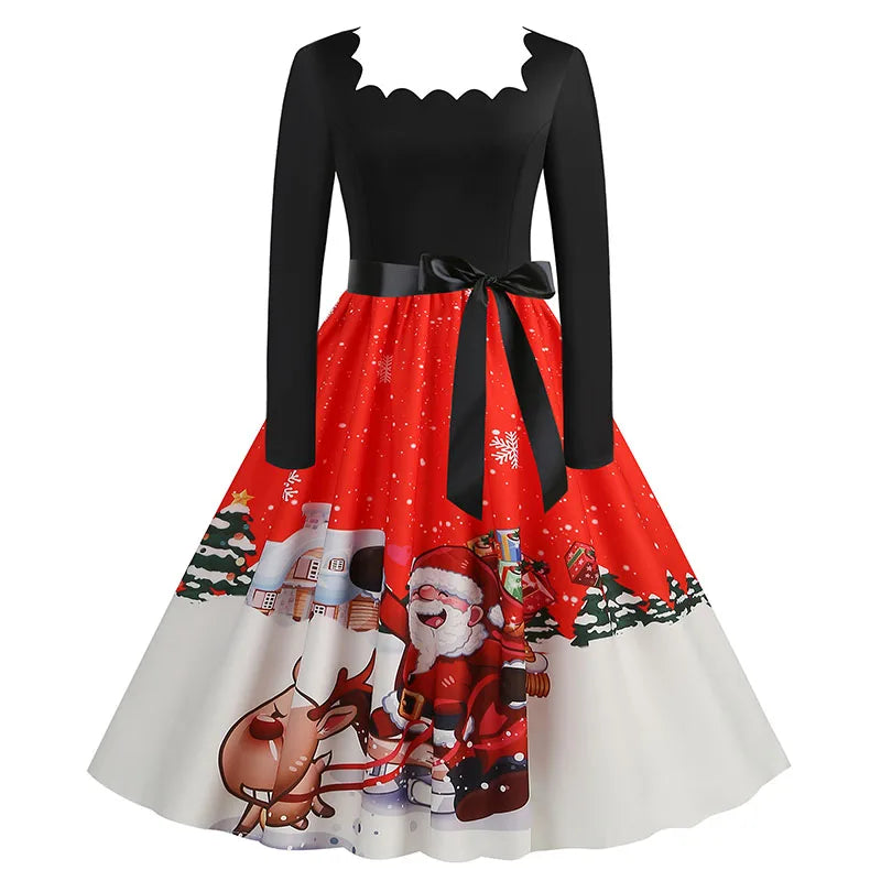 Women’s Vintage Christmas Midi Dress – Square Neck, Long Sleeves, Holiday Print Evening Party Wear