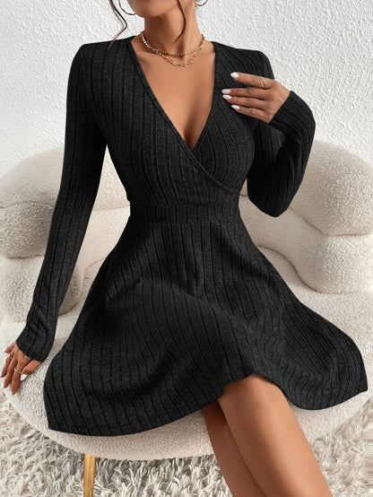 Women’s Knit Sweater Dress – Ribbed V-Neck Long Sleeve Fit & Flare Winter Dress