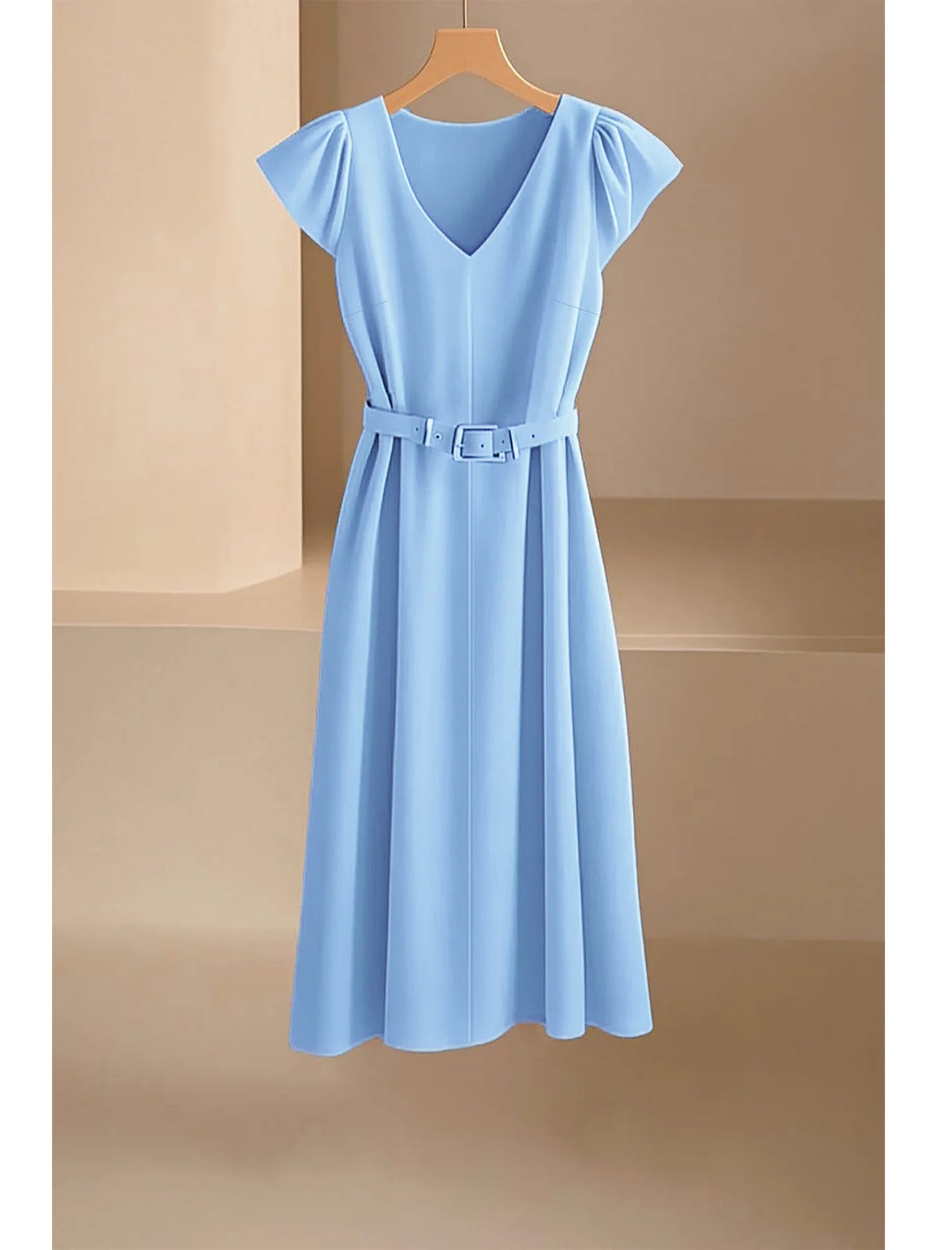 Elegant V-Neck Midi Dress – Soft Stretch Office Chic Dress with Flowy Silhouette