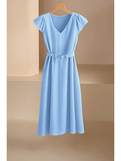 Elegant V-Neck Midi Dress – Soft Stretch Office Chic Dress with Flowy Silhouette