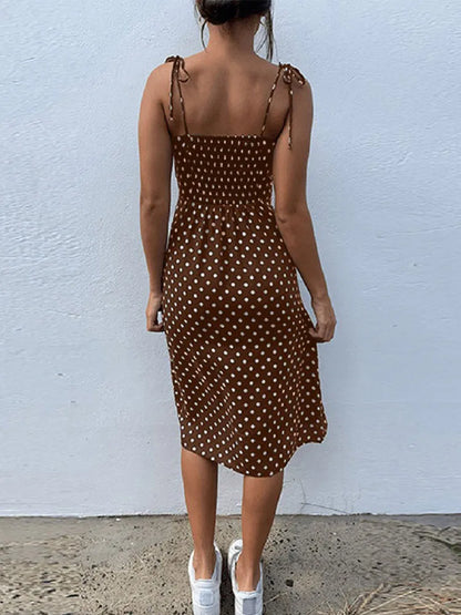 Women’s Polka Dot Summer Sundress – Sleeveless V-Neck Tie Strap Dress with Side Slit & Elastic Waist