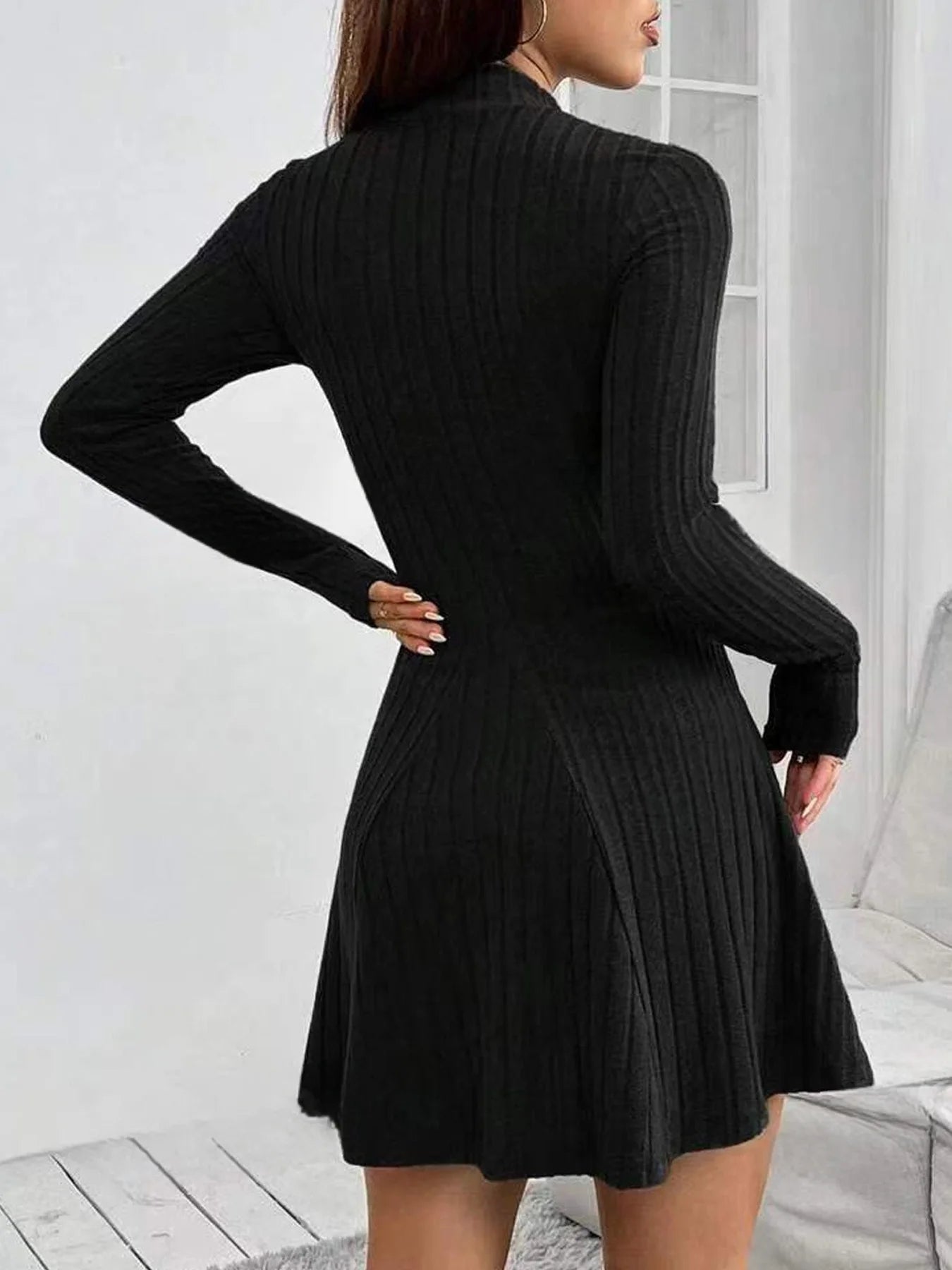 Ribbed High-Neck Long Sleeve Fit & Flare Dress – Waist-Cinched Stretch Knit Mini