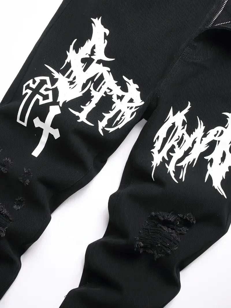 Men’s Street Paint Printed Distressed Jeans – Slim Fit Graffiti Denim Pants