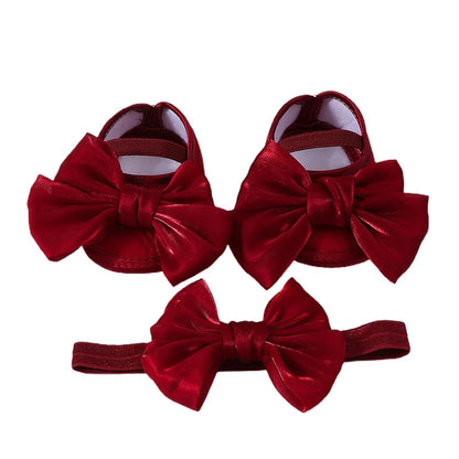 Baby Girl Baptism Mary Jane Shoes & Bow Headband Set – Soft Sole Bowknot for Newborns & Infants