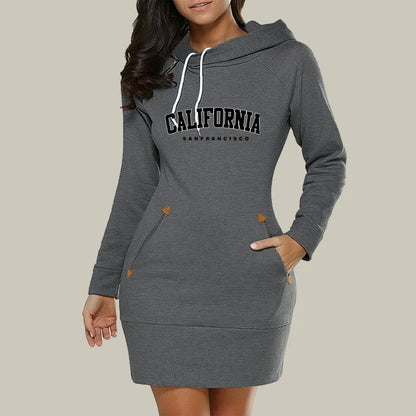 Women’s California Hoodie Dress – Long Sleeve Warm Sweatshirt Dress with Hood & Pockets