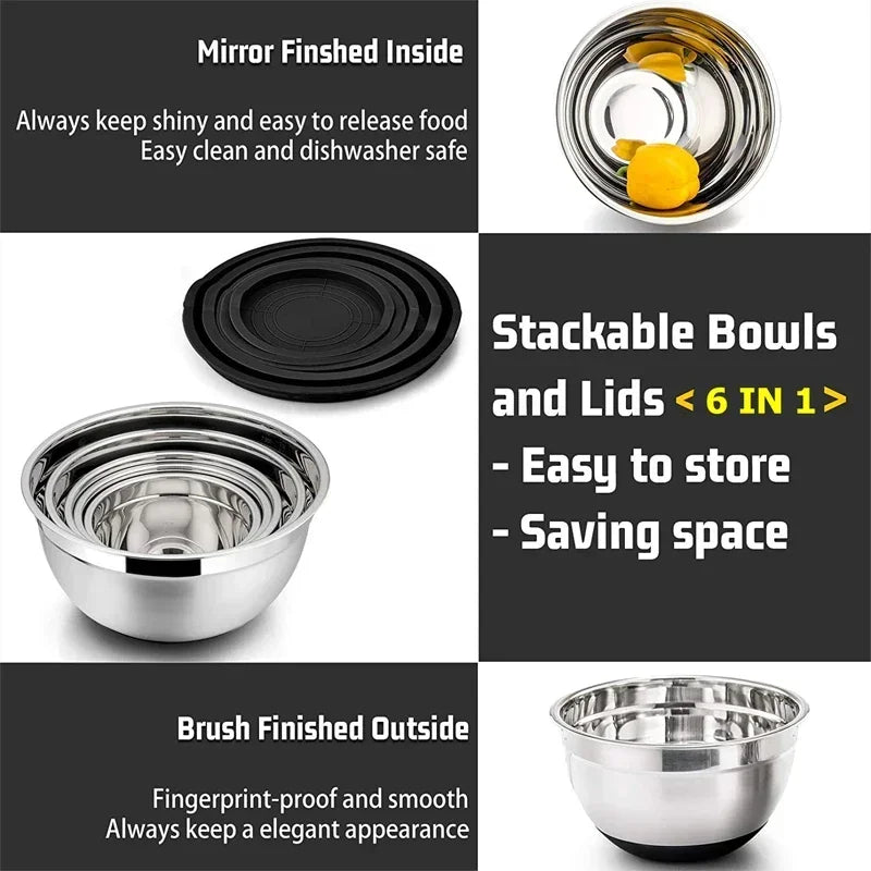Premium Stainless Steel Mixing Bowls Set with Lids & Silicone Base – Nesting Bowls