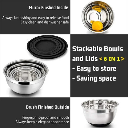 Premium Stainless Steel Mixing Bowls Set with Lids & Silicone Base – Nesting Bowls