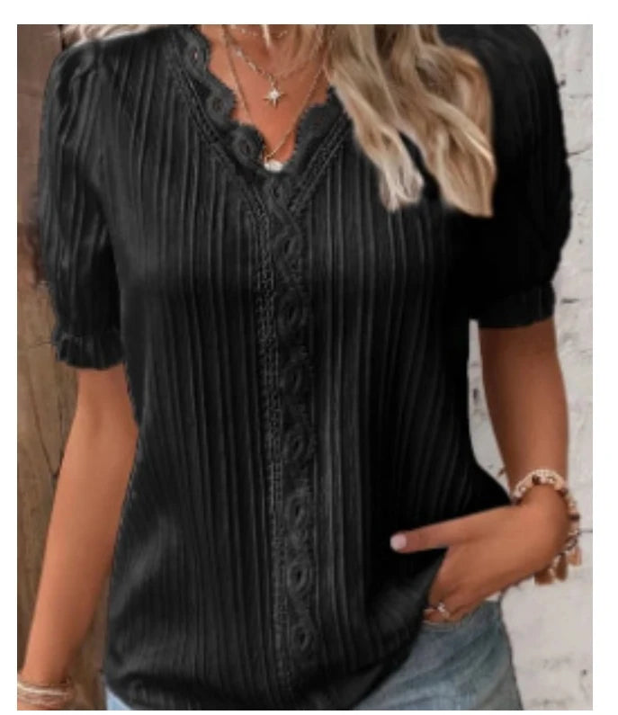 Women’s Lace Trim V-Neck Short Sleeve Blouse – Lightweight Summer Casual Top