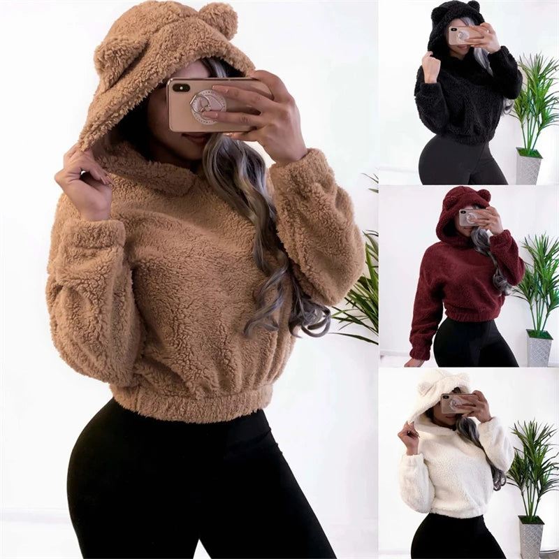 Women’s Fuzzy Bear-Ear Hoodie – Soft Plush Long Sleeve Warm Winter Pullover with Hood