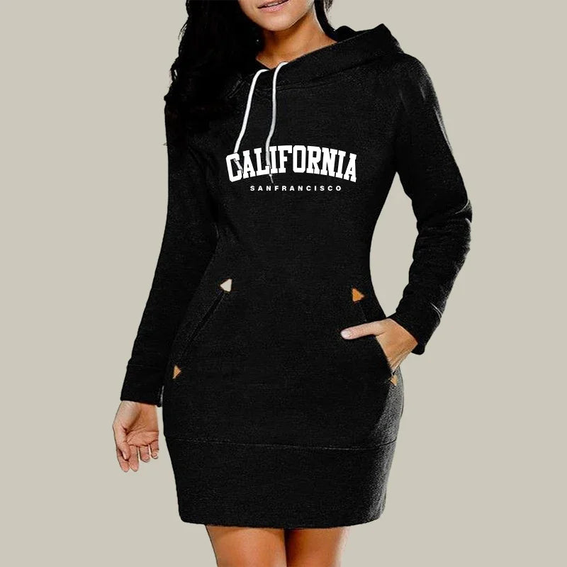 Women’s California Hoodie Dress – Long Sleeve Warm Sweatshirt Dress with Hood & Pockets