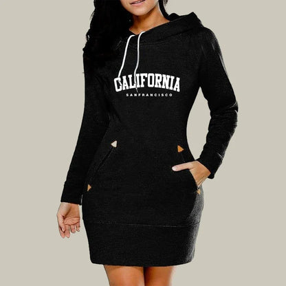 Women’s California Hoodie Dress – Long Sleeve Warm Sweatshirt Dress with Hood & Pockets
