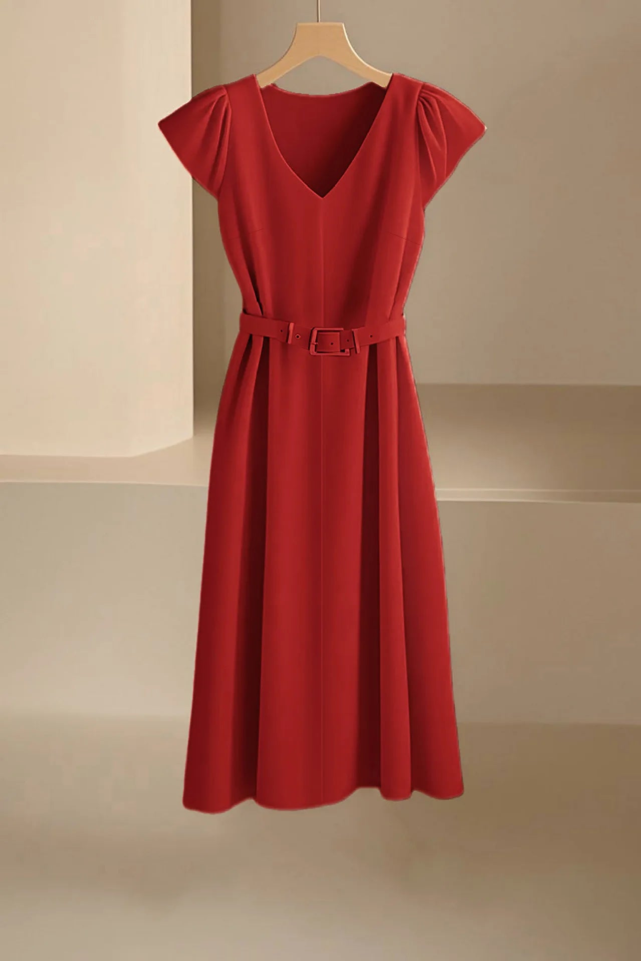 Elegant V-Neck Midi Dress – Soft Stretch Office Chic Dress with Flowy Silhouette