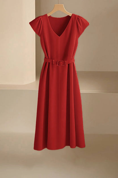 Elegant V-Neck Midi Dress – Soft Stretch Office Chic Dress with Flowy Silhouette