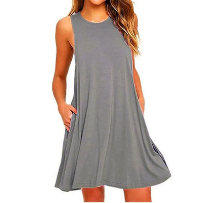Women’s Casual Swing Pocket T-Shirt Dress – Sleeveless Summer Beach Cover Up, Loose Fit Dress