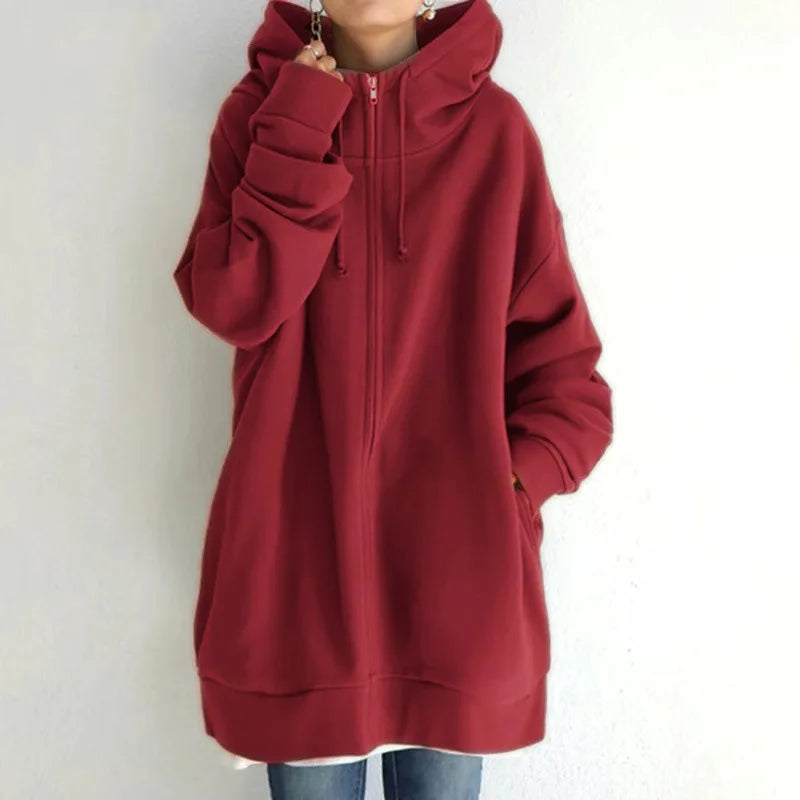 Oversized Hooded Longline Coat – Fleece-Lined Zip Up Tie-Collar Sweatshirt for Women (S–5XL)