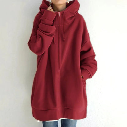 Oversized Hooded Longline Coat – Fleece-Lined Zip Up Tie-Collar Sweatshirt for Women (S–5XL)