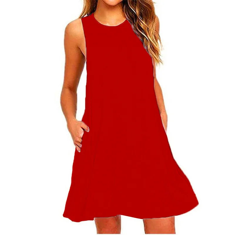 Women’s Casual Swing Pocket T-Shirt Dress – Sleeveless Summer Beach Cover Up, Loose Fit Dress