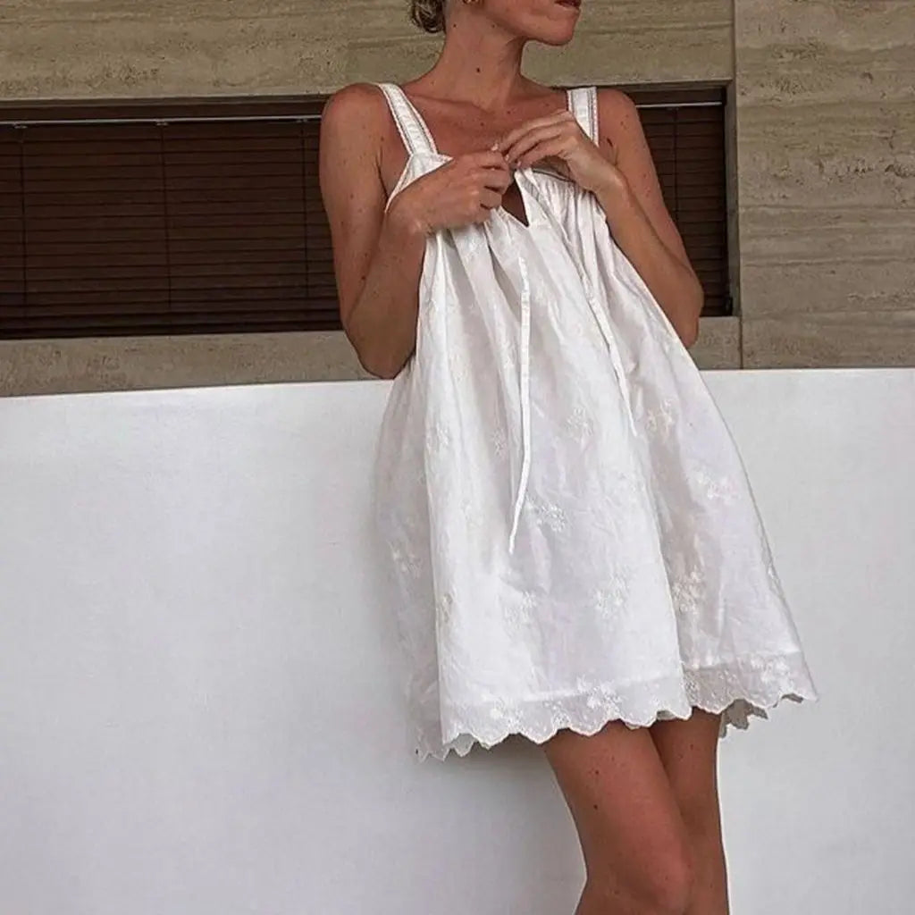 Bow-Tie Front Lace Mini Dress – Sleeveless Y2K Hollow-Out Summer Tank Dress