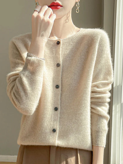 100% Merino Wool Women's Cardigan – Luxury Soft Knit Raglan Sleeve Button-Front Sweater