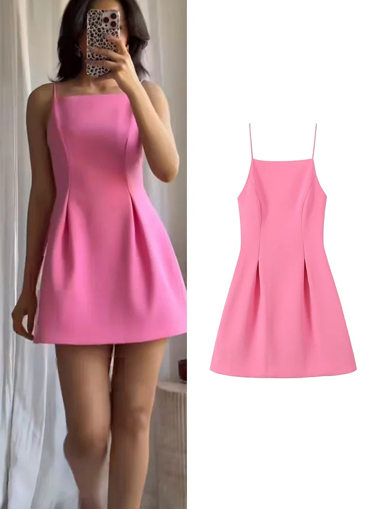Pink Spaghetti Strap A-Line Mini Dress – Summer Party Dress