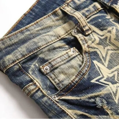 Men’s Retro Distressed Jeans – High Street Slim Fit Ripped with Star Print
